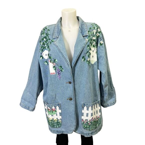 Sunbelt Denim Vintage HandPainted Stonewash Oversized Jacket Garden scene Large - Picture 1 of 11